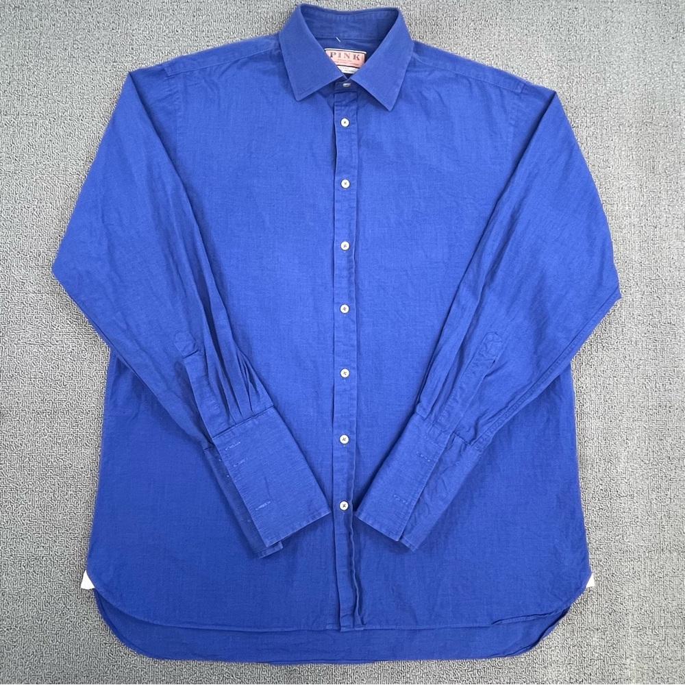 Thomas Pink Shirt Adult Neck 16.5 Blue Button Up Solid French Cuff Luxury Men